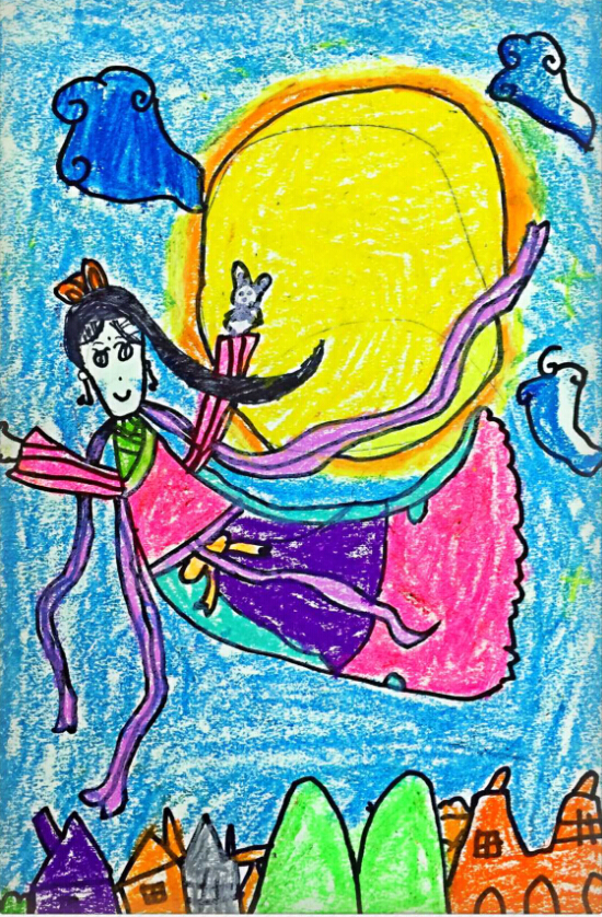 以中秋节为主题的儿童画:飞到月亮上