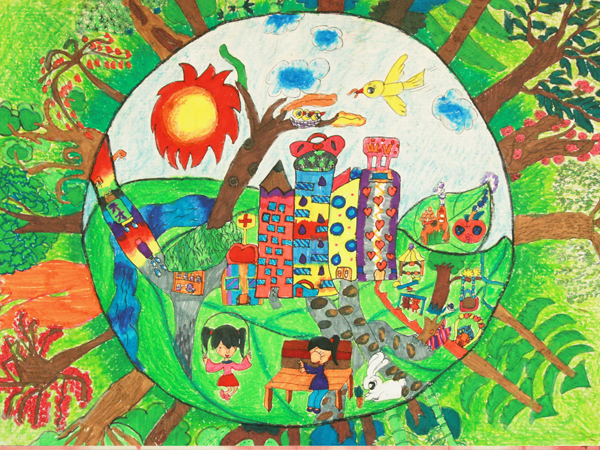 幼儿园手工绿绿爬山虎教案-绿色家园儿童画图片
