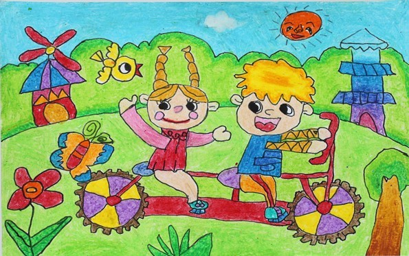 公园里骑自行车 - 儿童画画大全_简单漂亮儿童画作品