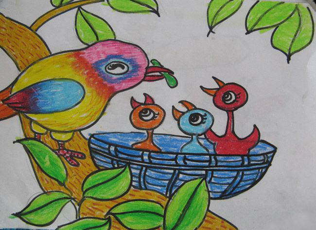 鸟妈妈和小鸟 - 儿童画画大全_简单漂亮儿童画作品_基础入门儿童绘画